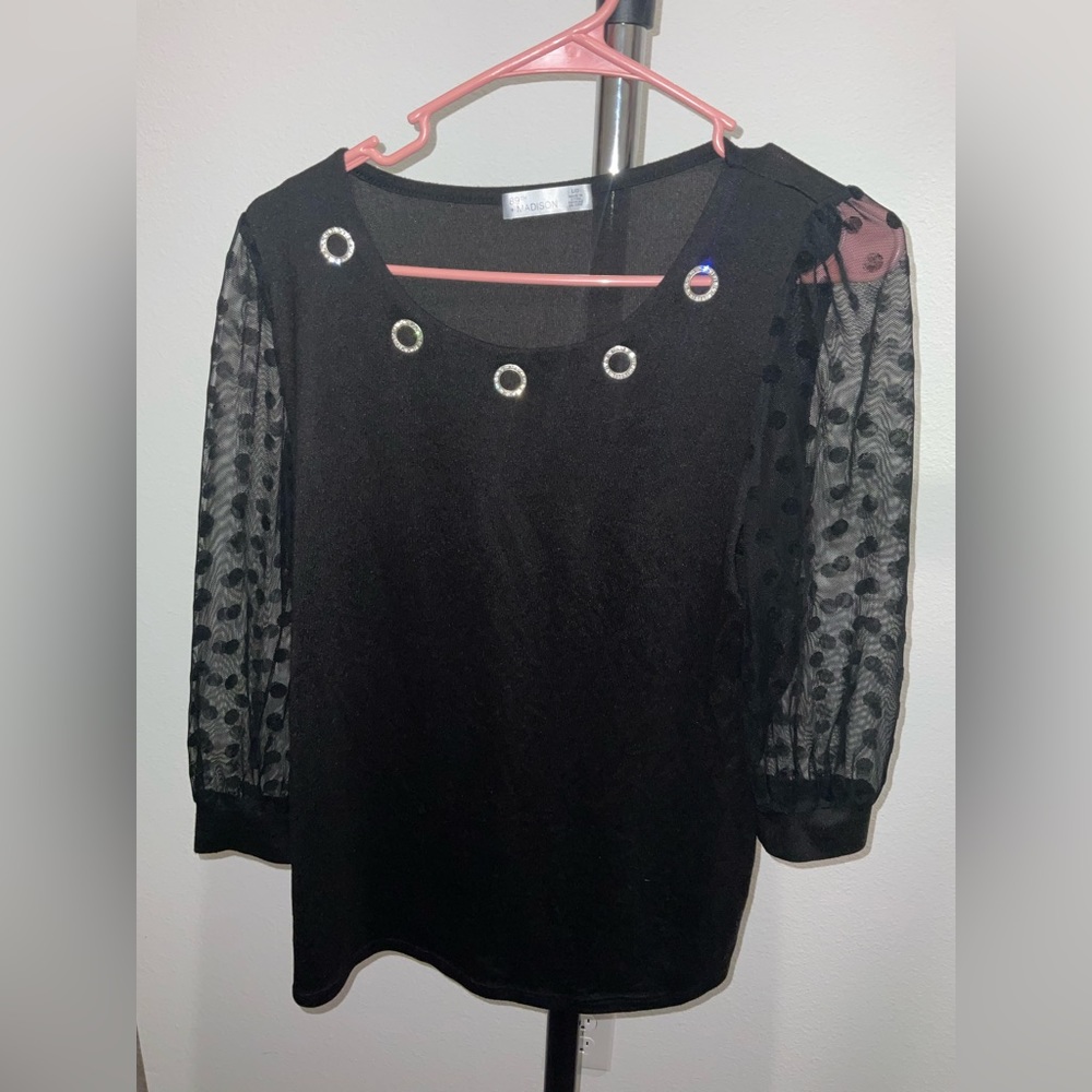 "Stunning Black Sheer Sleeved Top with Silver Detail - Size L - Poshmark"